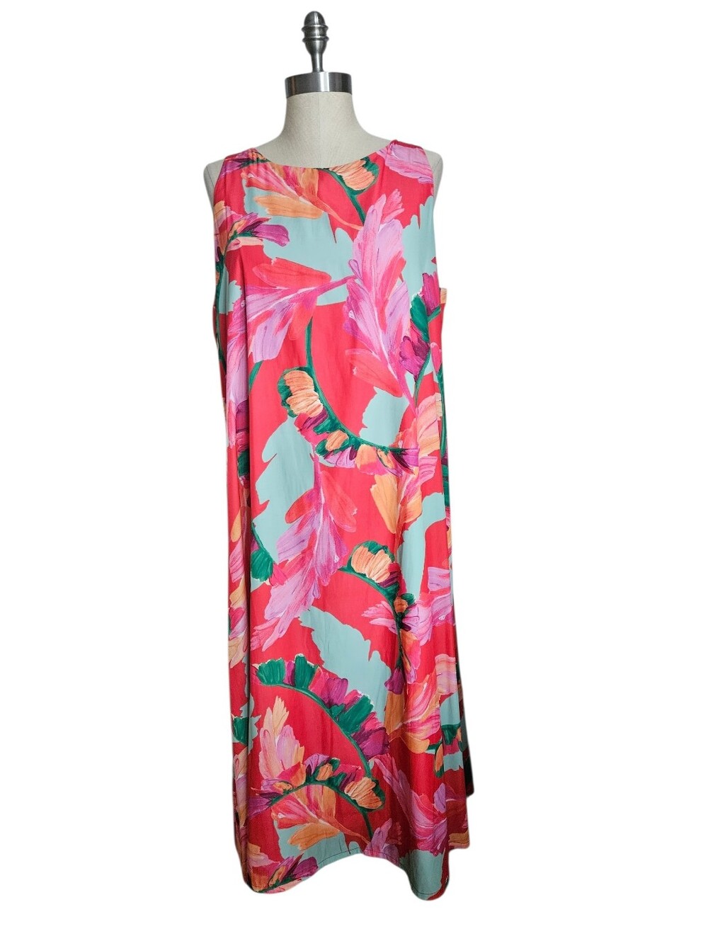 CHICO'S Botanic Berry Red Tropical Foliage Sleeveless Trapeze Midi Dress | SZ L